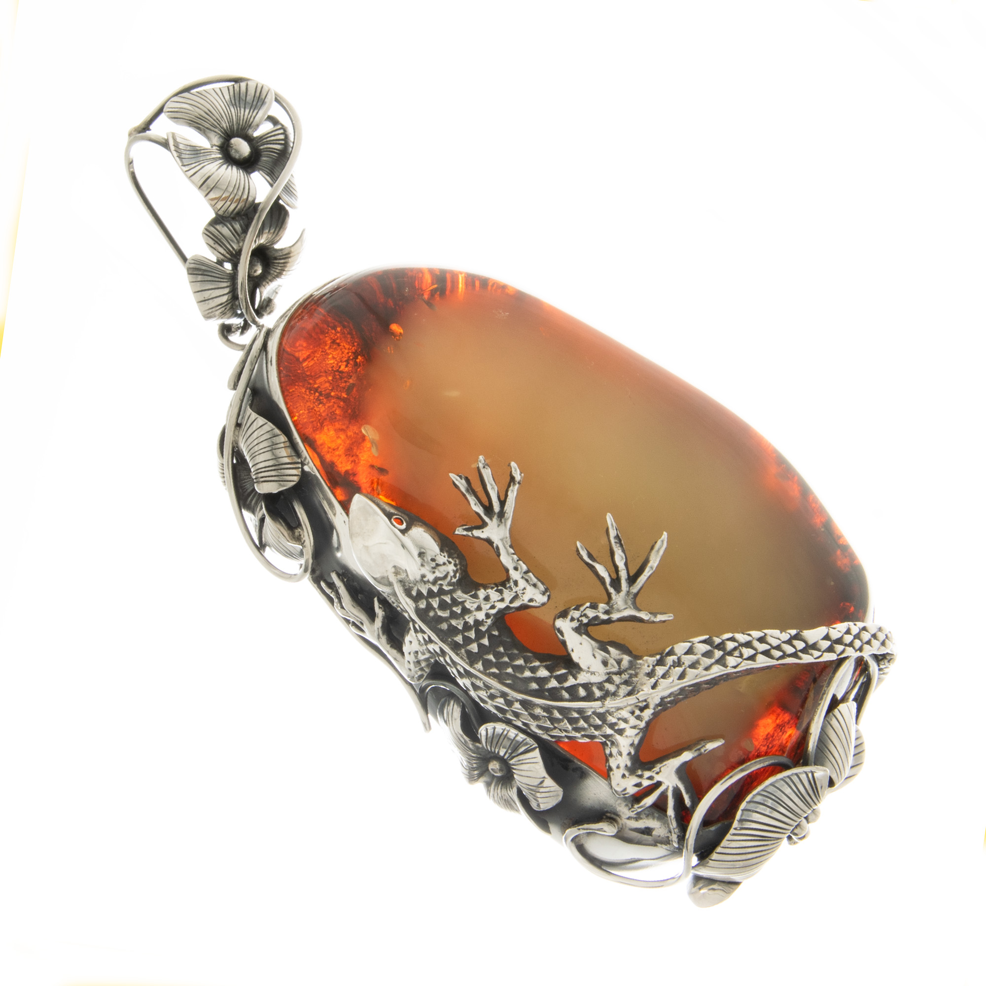 Huge Heavy Sterling Silver and Natural Baltic Amber Lizard Pendant 4